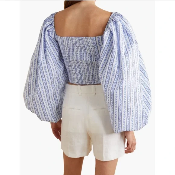 CAROLINE CONSTAS Carter Off The Shoulder Printed Cotton Blend Poplin Top Medium - Picture 4 of 11